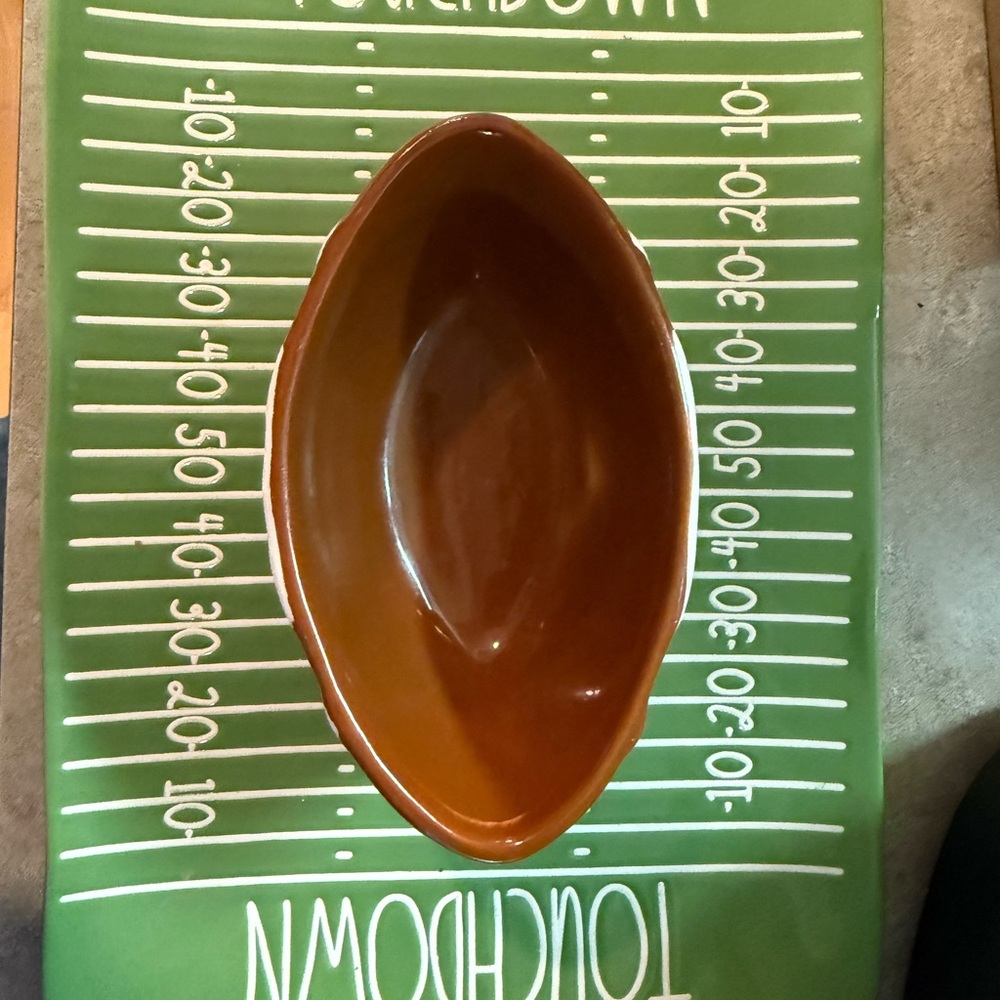 Rae Dunn Green and Brown Football Serving Set